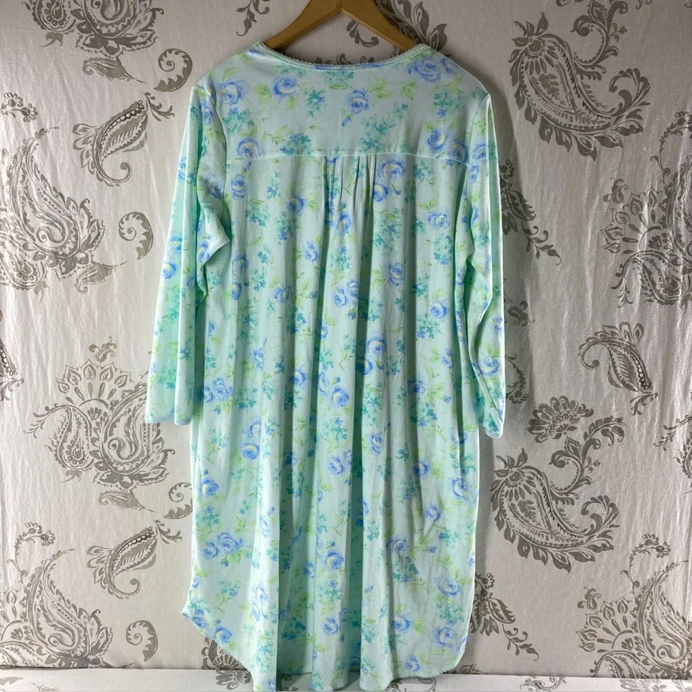 Miss Elaine‎ Long Nightgown Lace Blue Floral Long Sleeve Soft Cotton blend